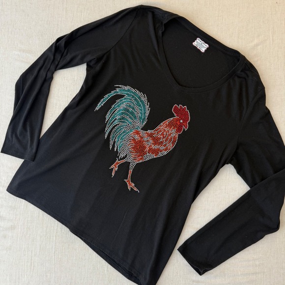 Becky's Boutique Womens XL Black Rhinestone Rooster V-Neck Long Sleeve Shirt - Picture 4 of 8